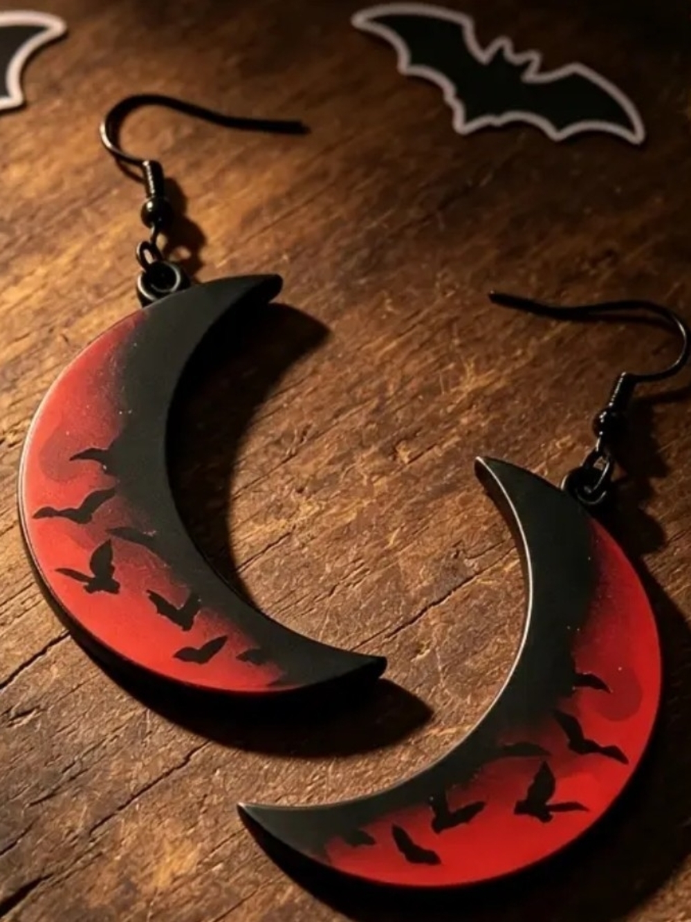 Gothic Crescent Moon Red and Black Bat Earrings